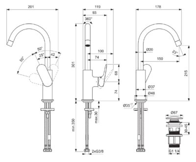Смеситель для раковины Ideal Standard CERALIFE O BE016XG с трубчатым изливом и донным клапаном Click