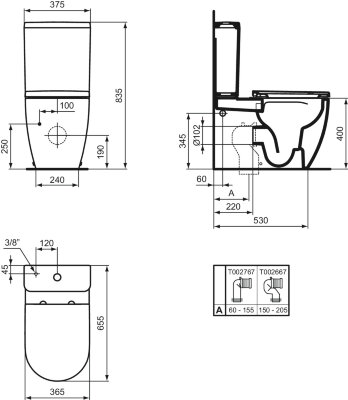 Напольный пристенный безободковый унитаз-компакт Ideal Standard ELLISSE T569601