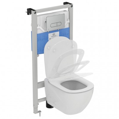 Промо-комплект 4 в 1 Ideal Standard с подвесным унитазом T007901 TESI AquaBlade® с сиденьем и крышкой T352701 TESI, встраиваемой инсталляцией R020467 PROSYS FRAME 120 M и механической панелью смыва R0115AA OLEAS™ M1
