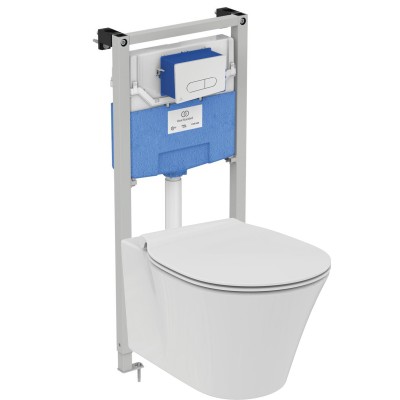 Пневматический промо-набор 4 в 1 Ideal Standard с унитазом E005401 CONNECT AIR AquaBlade®, с сиденьем и крышкой E036601, с инсталляцией PROSYS 120 P и пневматической панелью смыва OLEAS™ P1